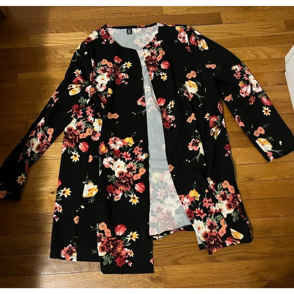SHEIN CURVE Women's 3XL Black Floral Open Front Long Sleeve Long Kimono Jacket
